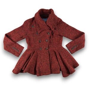 Free People We the Free Coat Womens M Red Black Chevron Peplum‎ Double Breasted